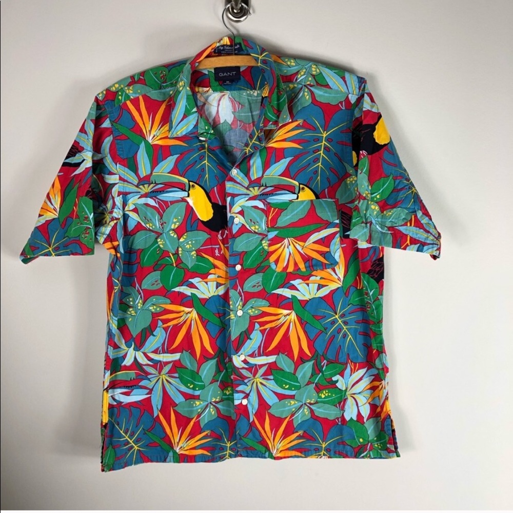 Men’s Vintage Toucan Hawaiian Print Short Sleeve Button Up Shirt M 569